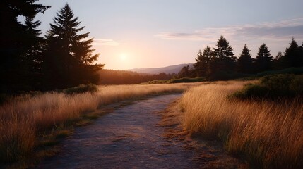 Naklejka premium A winding dirt path meanders through a golden meadow bathed in the warm light of a serene sunset over distant hills