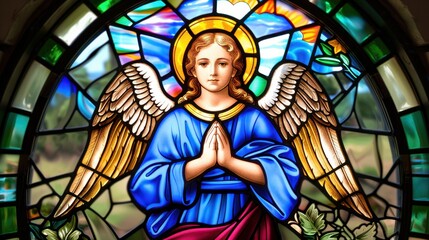 Fototapeta premium Serene Angelic Figure in Colorful Stained Glass Window with Praying Gesture and Radiant Halo