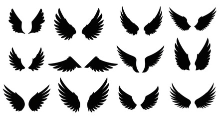 Obraz premium Collection of Black Silhouette Angel Wings Isolated on White Background.