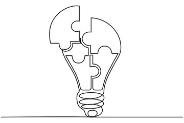 Puzzle light bulb concept continuous one line drawing minimalist creativity and problem solving outline vector illustration isolated on white background.