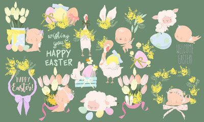 Naklejka premium Cartoon Easter Set With Little Cartoon Angels, Ester Eggs and Flowers