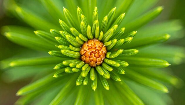 Aerial view of a green flower with yellow center in full bloom, captured from directly above