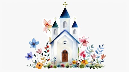 Artistic Watercolor Illustration of a Charming Castle Surrounded by Colorful Flowers and Plants in a Whimsical Style