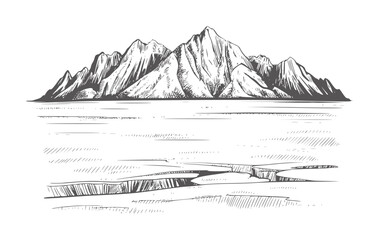 Fototapeta premium Black and white of jagged mountain peaks above a frozen cracked landscape