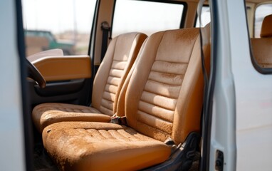 Stained Seats Inside a Cabin with Dirt Buildup and Neutral Tones