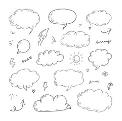 Obraz premium Hand drawn collection of various speech bubbles clouds lightning sun and arrows