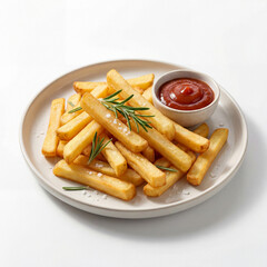 Crispy Golden French Fries with Sea Salt, Rosemary, and Tomato Ketchup on a White Background