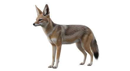 Fototapeta premium A side profile of a jackal standing alertly against a white background, showcasing its distinctive features.