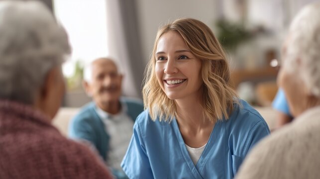 Home health caregiver interacting compassionately with senior patient, conveying in-home care, support, companionship and nursing assistance.