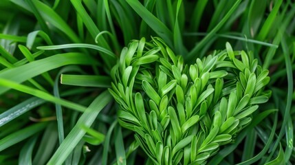 Obraz premium Heart Shape Created with Fresh Green Leaves on a Background of Vibrant Grass in Nature’s Lush Environment