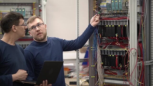 Electrical equipment. Engineers. Man with glasses. Electrical cabinet. Slow motion. . High quality 4k footage
