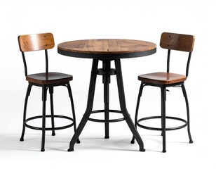 Round wood table with two black metal stools