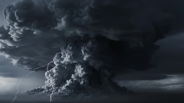 Massive dark ash cloud erupts from a volcano with intense lightning