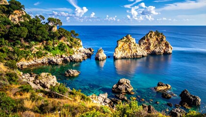 Fototapeta premium A vibrant coastal scene depicts rocky islands and clear blue water under a bright sky with puffy clouds. Green trees and cliffs complete the picture
