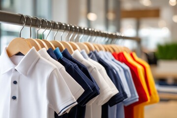 Obraz premium Colorful School Uniforms Displayed on Racks in a Bright Retail Environment