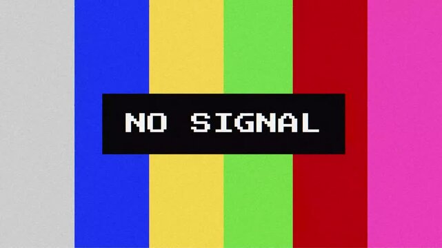 Retro television screen displaying a 'no signal' error message with classic analog test pattern color bars and vintage static noise, symbolizing communication breakdown or technical malfunction