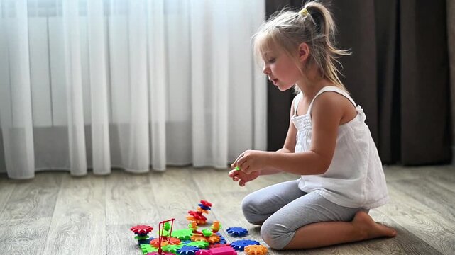 Little girl sitting on floor playing with colorful gear construction set. She focuses on assembling bright plastic pieces, developing creativity, motor skills, and logical thinking, educational play.