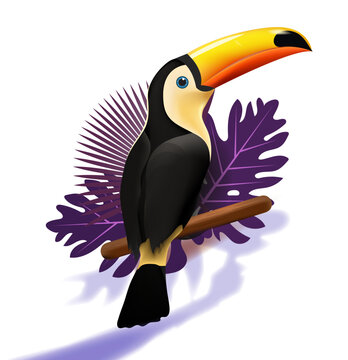 A colorful cartoon toucan with a vibrant beak perches on a tree branch, standing out against a white background.