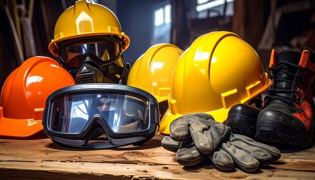 Construction Safety Equipment Hard Hats Goggles Gloves Boots and Respirator on Wooden Surface