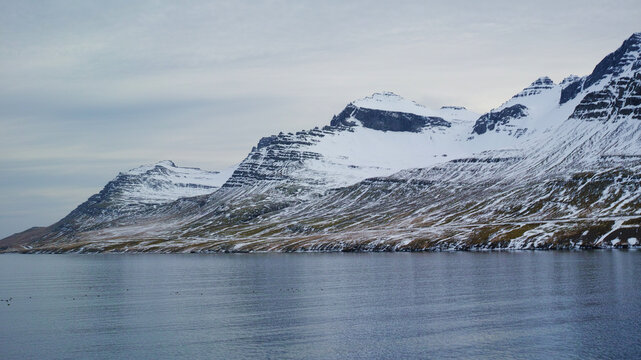 Winter Snow Caped Mountains In Northern Iceland