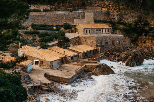 Stone houses on the waterfront at Port de Sa Calobra, Mallorca