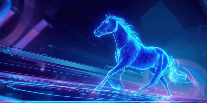 illustration of a blue neon horse running on a track