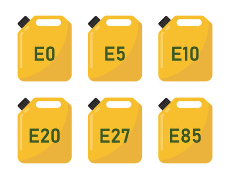 Ethanol fuel container icons set E0, E5, E10, E20, E27, E85 yellow biofuel canister labels for gasoline ethanol blend alternative energy vector illustration