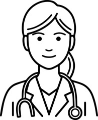 Obraz premium Hand Drawn Female Doctor Black and White Avatar Illustration in Minimal Line Art Style Design