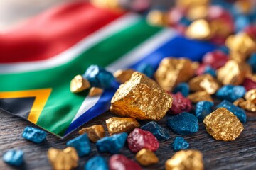 Fototapeta premium Vibrant South African Flag with Colorful Gems and Gold Crystals on Wood
