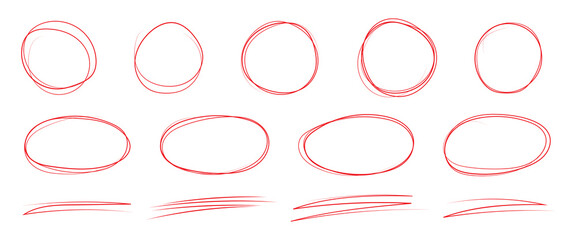 Circular strokes marker felt pen scribbles doodle line collection. Hand drawn outline sketch wave brush circle mark elements rough set for text highlight ovals. © RadheK 