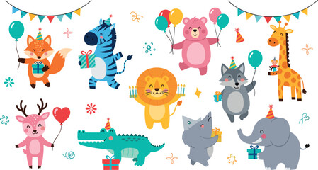 Cute jungle animals birthday party cartoon vector set with lion elephant giraffe zebra fox bear balloons gifts and celebration decorations © Yevhenii creative