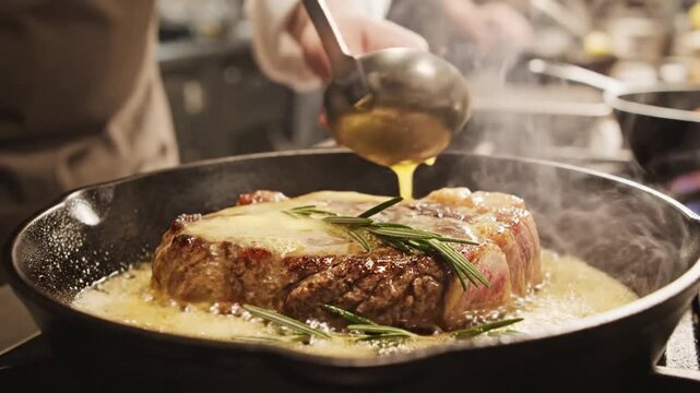 Chef basting a juicy steak in a cast iron skillet with melted butter and fresh rosemary sprigs to create an amazing dinner
