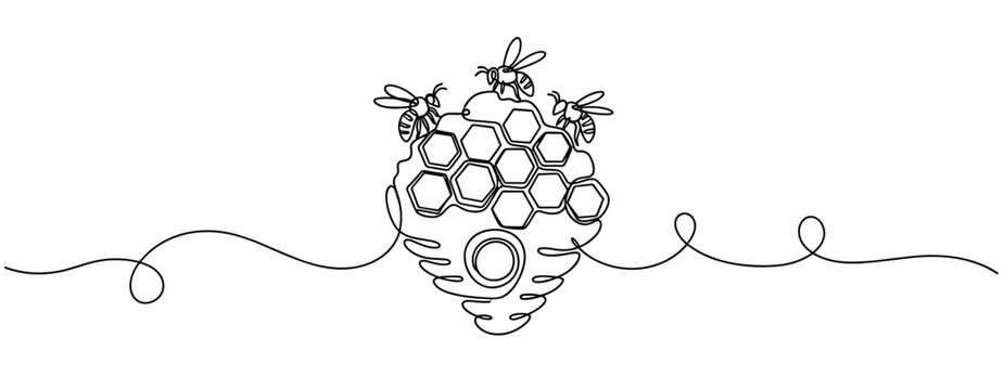 Beehive with bees clustered on honeycomb in line drawing. No editable stroke