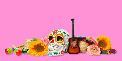 Fototapeta premium Cinco de Mayo, Sugar skull, flowers, guitar, and festive items