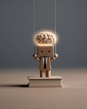 Creative concept of a wooden puppet with a brain, symbolizing control, intelligence, and the connection between knowledge and decision-making in a minimalistic setting.