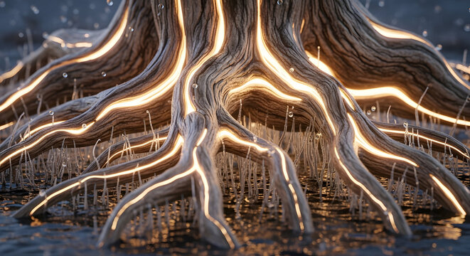 Mystical glowing tree roots emerge from dark water, illuminated by ethereal light, symbolizing life force and natural energy in a magical forest setting