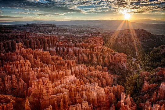 Golden sunbeams pierce the horizon at Bryce Canyon, casting dramatic light over the maze of hoodoos and the surrounding forested cliffs.