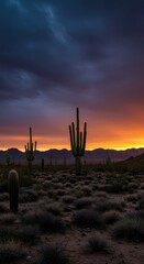 A vast arid desert landscape featuring silhouetted columnar cacti and rugged mountains under a dramatic, colorful sky at sunset ,outdoor ,sky ,peak