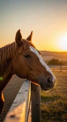 Obraz premium Horse head on fence with golden sunset light. Farm animal portrait in a field at dusk. Rural life and nature beauty concept.