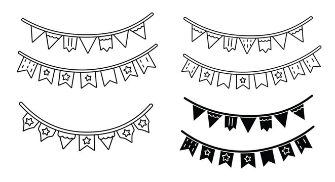 Black and white bunting flags arranged in various decorative patterns silhouette