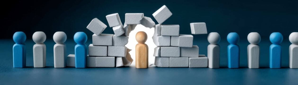 Unique wooden figure stands out from a crowd of blue and white figures, breaking through a wall of blocks, symbolizing individuality and progress in team dynamics