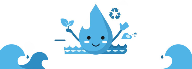Obraz premium Cute cartoon water drop character floating in water, holding a leaf and a recycling symbol, with waves on either side