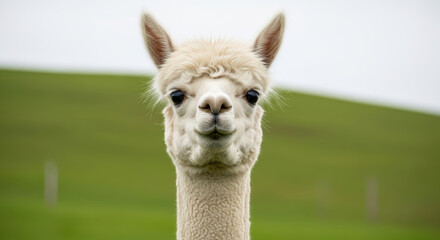 Fototapeta premium White alpaca head with fluffy wool in a close up portrait. Cute farm animal against a blurred green field background.