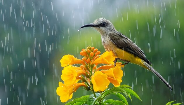 Verdin Auriparus Flaviceps Perched On Yellow Bells Tecoma Stans Blooms In Falling Rain