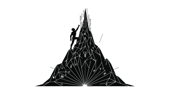 Determined silhouette climbs a complex, abstract mountain peak towards the light.