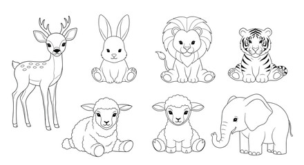 Obraz premium Collection of adorable baby animals in outline form featuring a deer, rabbit, lion, tiger, lamb, and elephant for coloring activities.