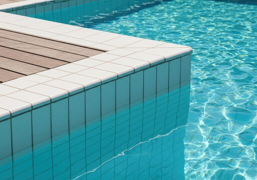 Abstract view of a modern swimming pool edge featuring pristine white coping tiles and brilliant sunlight reflecting off the clear water surface ,clean ,surface ,tile