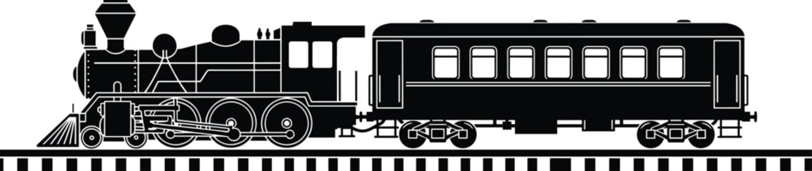 Detailed Black Silhouette Vector Illustration of a Vintage Steam Locomotive Engine Pulling a Passenger Rail Car on Tracks Isolated SetDetailed  © MD