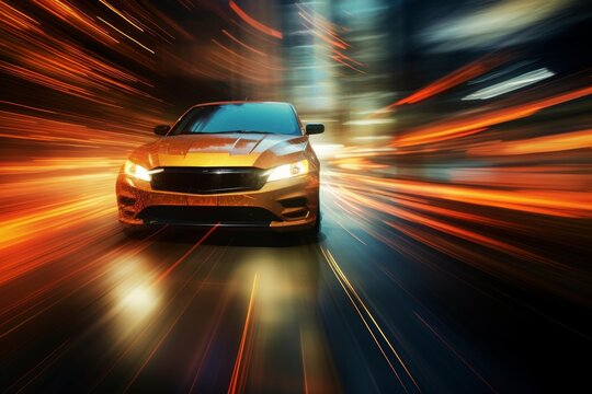 Sporty car speeds through city with motion blur and orange light trails