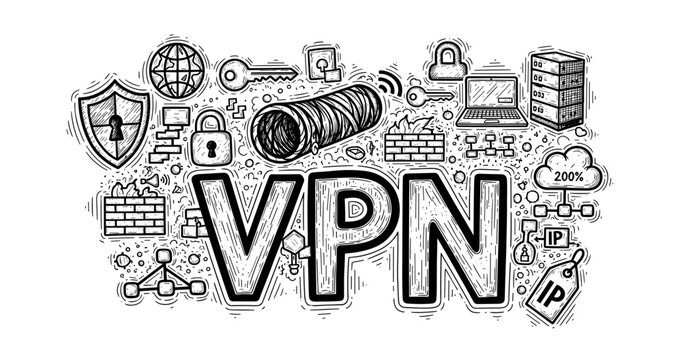 Vpn network security concept with doodle icons